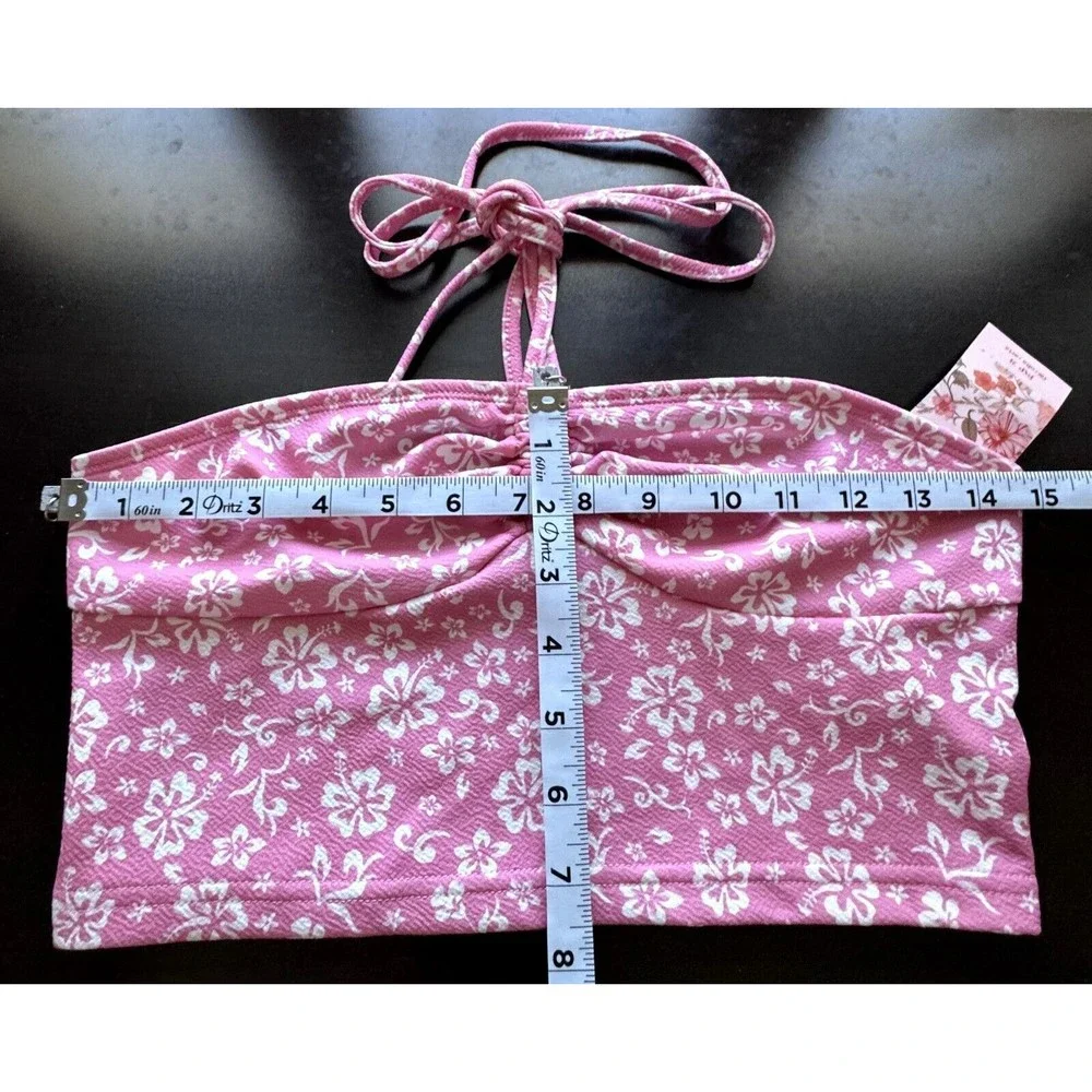 Shein Pink with White flowers Tie Crop Top Halter Size Medium (6) - Picture 3 of 6